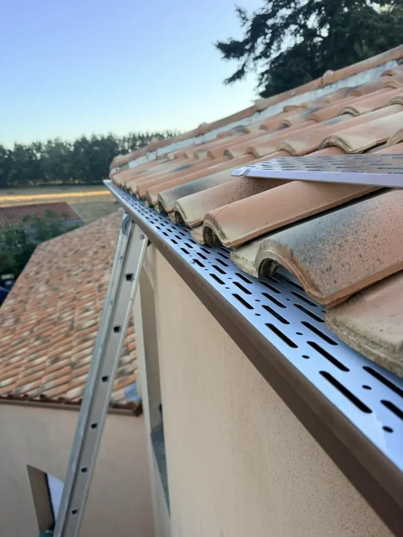 Grille pare-feuilles posée sur une gouttière dans le Pays de Retz